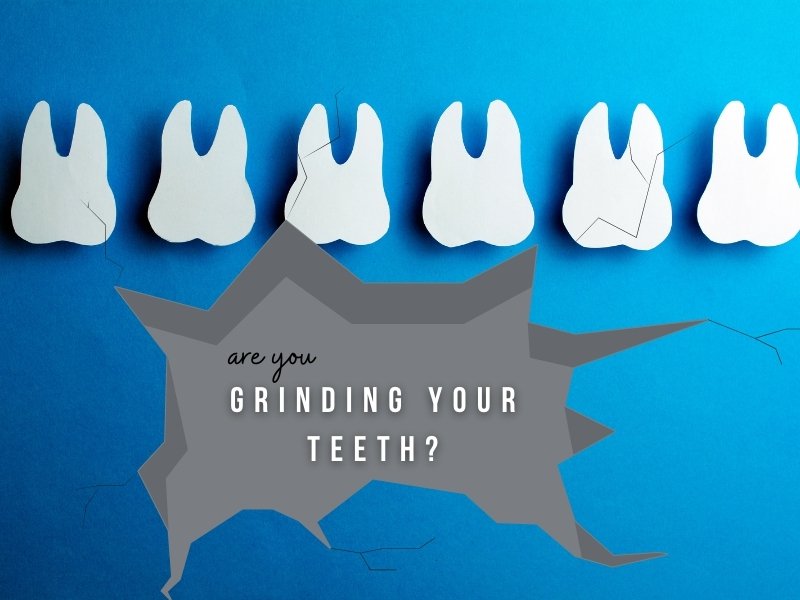Six teeth are in a row across a blue background while a grey break in the blue says "are you grinding your teeth?"