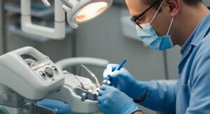 Medical professional working with dental equipment during a dental implant procedure