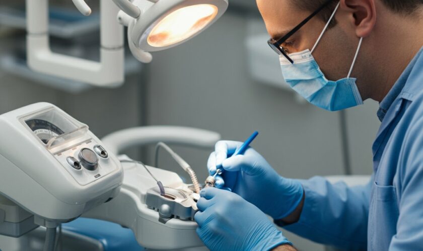 Medical professional working with dental equipment during a dental implant procedure