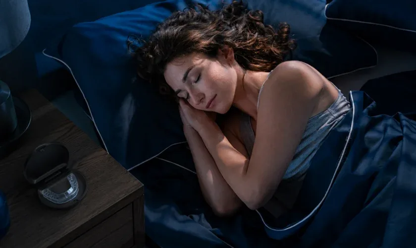 Woman asleep at night with a dental night guard in an open case on the bedside table