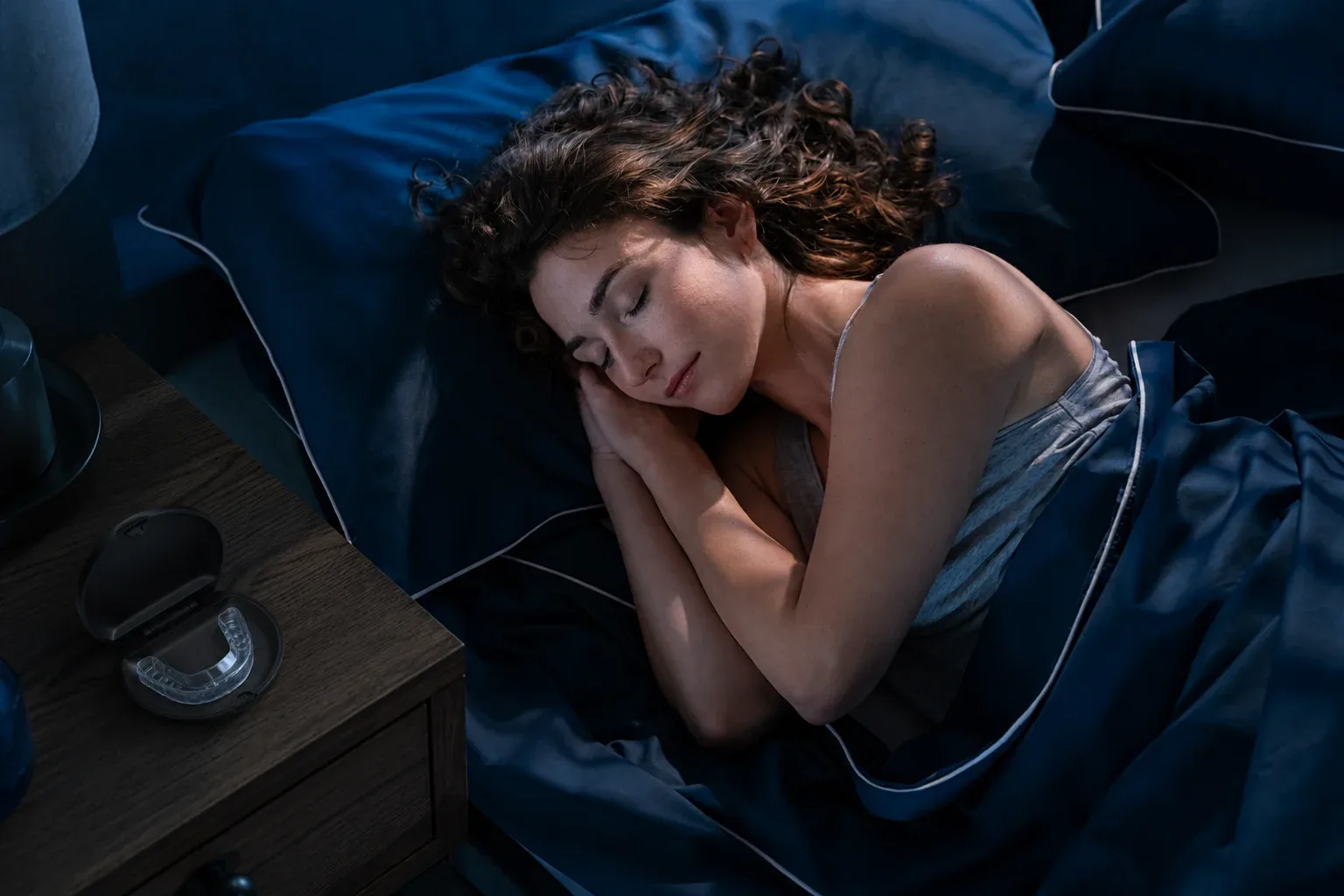 Woman asleep at night with a dental night guard in an open case on the bedside table